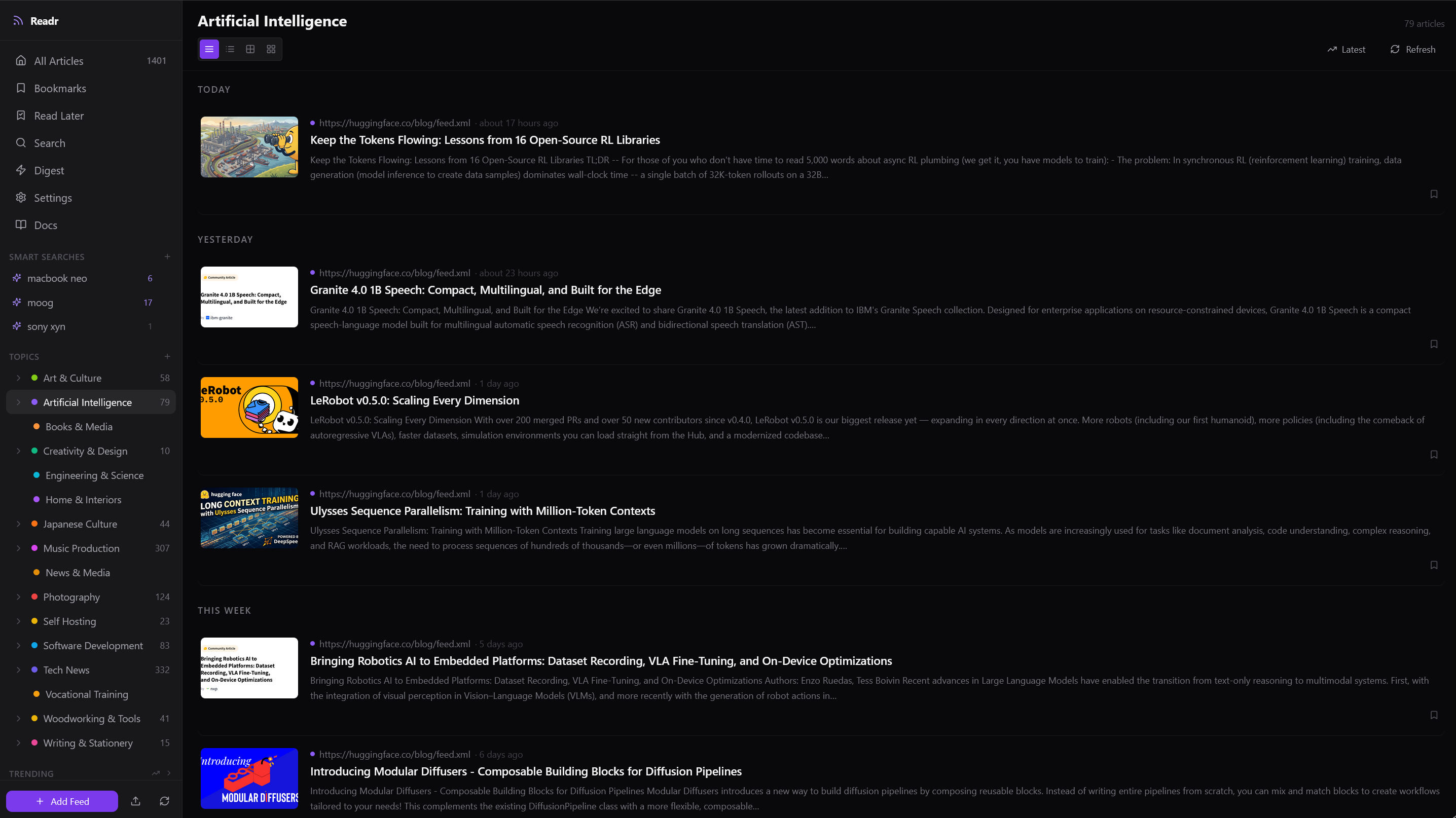 RSSnook dark interface showing an Artificial Intelligence topic, saved searches, topic counts, and full article excerpts